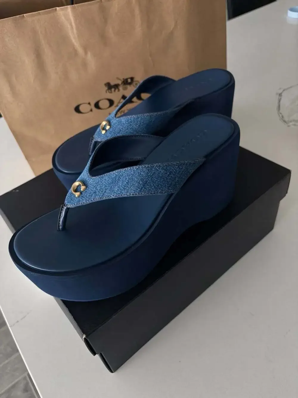 Coach Sculpted C Platform Flip Flop Sandals in Deep Blue Denim